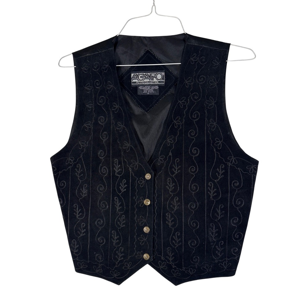 Agapo Petite Black Leather Suede Embroidered Vest Gold Buttons Western Boho PL